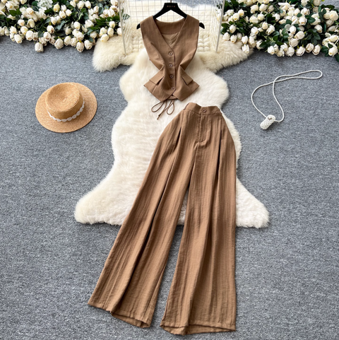 V-neck Vest & Wide-leg Trousers 2Pcs