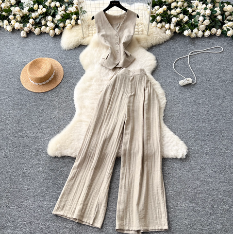 V-neck Vest & Wide-leg Trousers 2Pcs