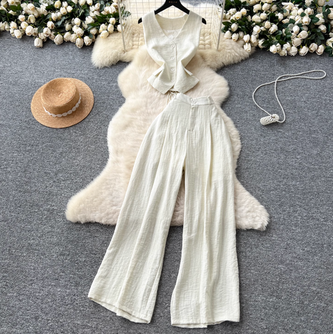 V-neck Vest & Wide-leg Trousers 2Pcs