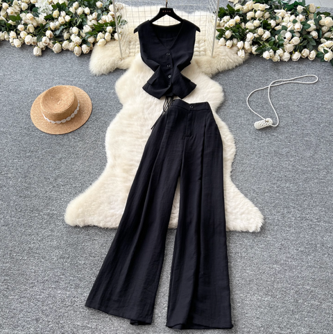 V-neck Vest & Wide-leg Trousers 2Pcs