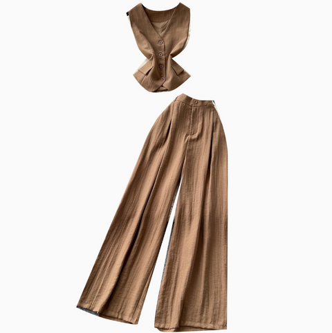 V-neck Vest & Wide-leg Trousers 2Pcs
