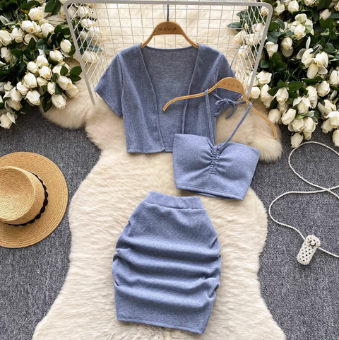 Cardigan & Halter Top & Skirt 3Pcs