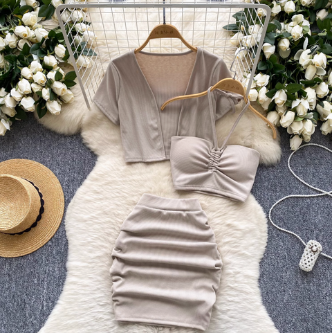 Cardigan & Halter Top & Skirt 3Pcs