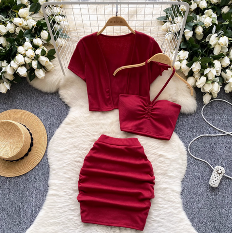Cardigan & Halter Top & Skirt 3Pcs