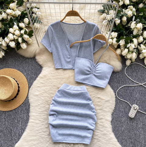 Cardigan & Halter Top & Skirt 3Pcs