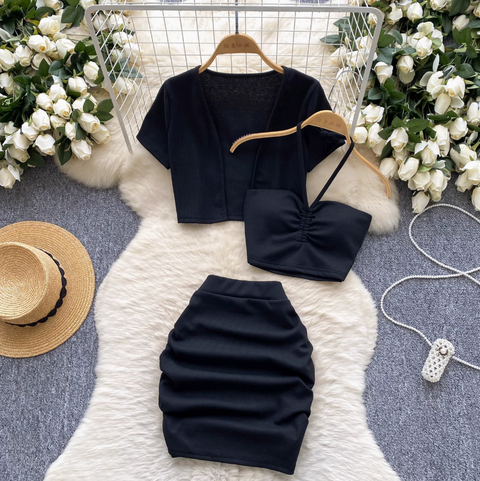 Cardigan & Halter Top & Skirt 3Pcs