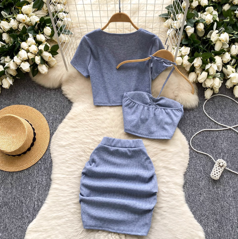 Cardigan & Halter Top & Skirt 3Pcs