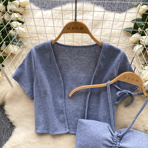 Cardigan & Halter Top & Skirt 3Pcs