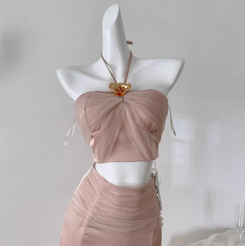 Bow-tie Mesh Top & Fishtail Skirt 2Pcs