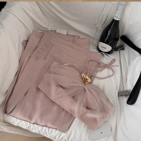 Bow-tie Mesh Top & Fishtail Skirt 2Pcs