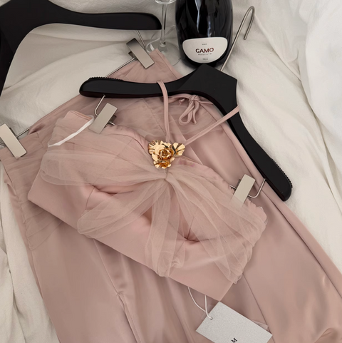 Bow-tie Mesh Top & Fishtail Skirt 2Pcs