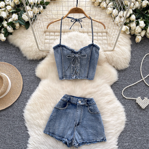 Chic Halter Top & Shorts Denim 2Pcs