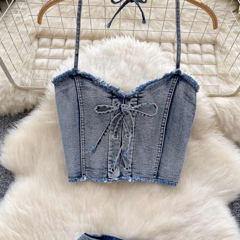 Chic Halter Top & Shorts Denim 2Pcs