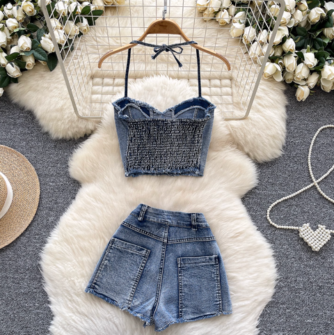 Chic Halter Top & Shorts Denim 2Pcs