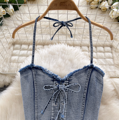Chic Halter Top & Shorts Denim 2Pcs