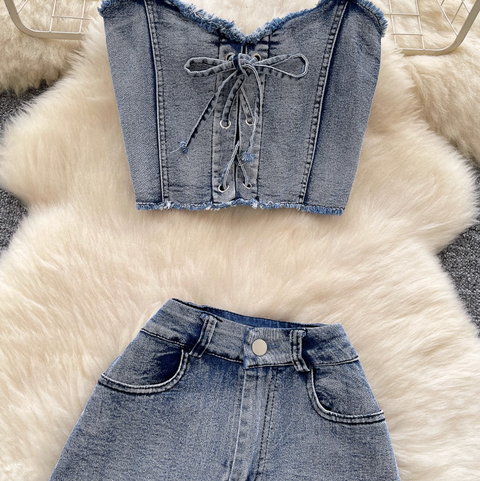 Chic Halter Top & Shorts Denim 2Pcs