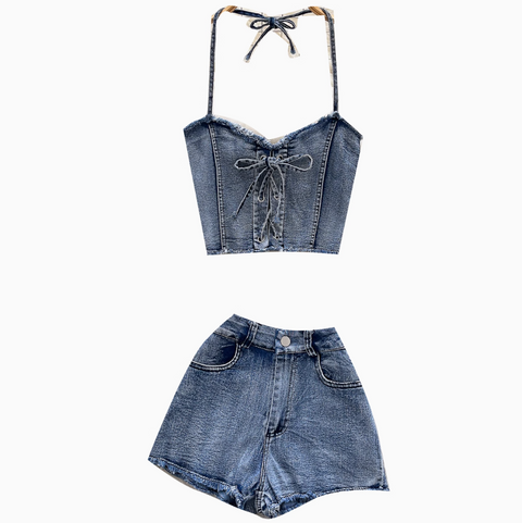 Chic Halter Top & Shorts Denim 2Pcs