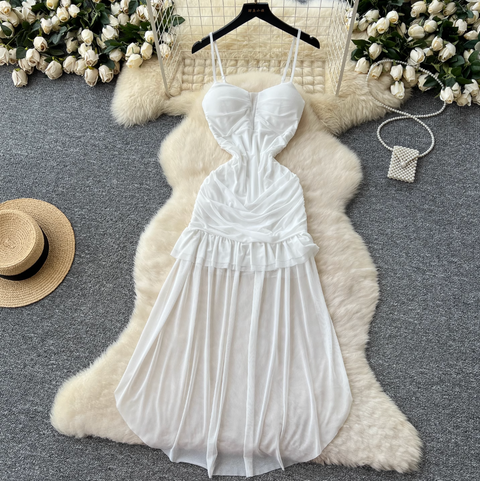 Irregular Design White Pleated Mesh Dress