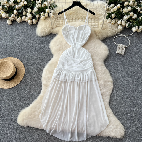 Irregular Design White Pleated Mesh Dress