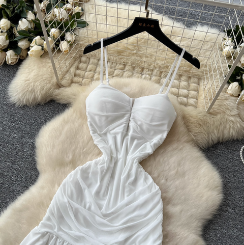 Irregular Design White Pleated Mesh Dress