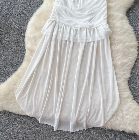 Irregular Design White Pleated Mesh Dress