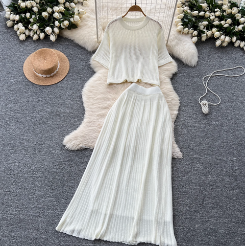 Hollowed Knitwear & Half-body Skirt 2Pcs