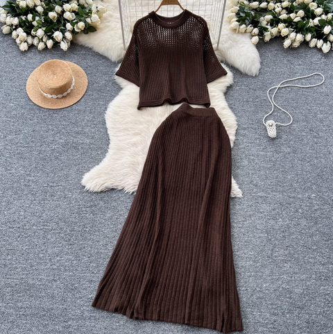 Hollowed Knitwear & Half-body Skirt 2Pcs