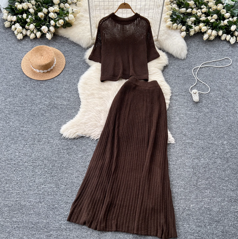 Hollowed Knitwear & Half-body Skirt 2Pcs