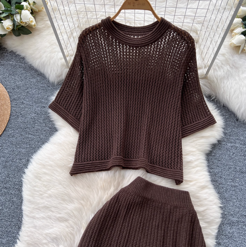 Hollowed Knitwear & Half-body Skirt 2Pcs