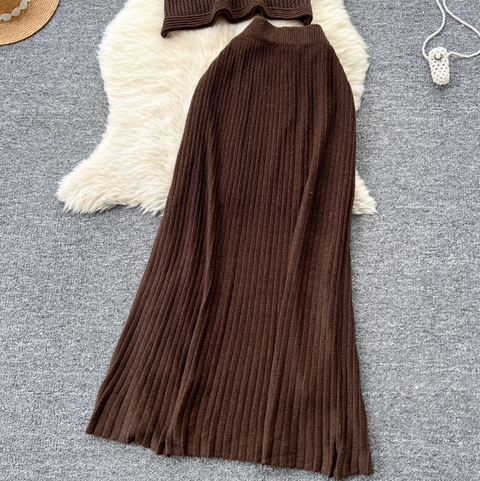 Hollowed Knitwear & Half-body Skirt 2Pcs