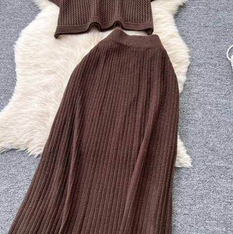 Hollowed Knitwear & Half-body Skirt 2Pcs