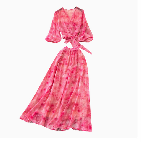Knotted Top & Skirt Chiffon 2Pcs