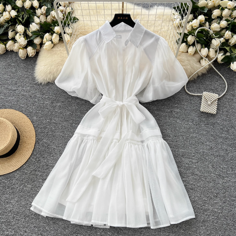 Courtly Puffy Sleeve Shirt Dress
