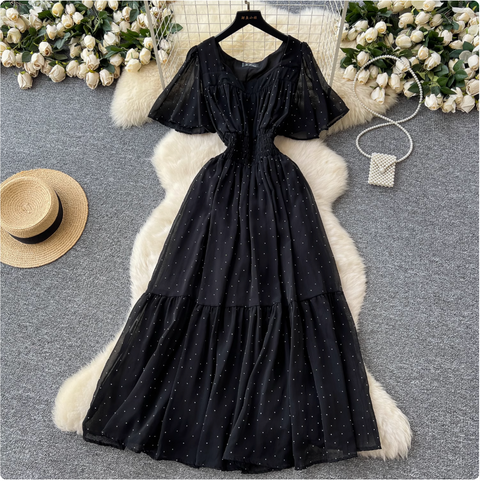 Rhinestone Studded Draped Chiffon Dress