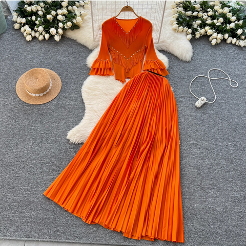 Niche Beaded Top & Pleated Skirt 2Pcs