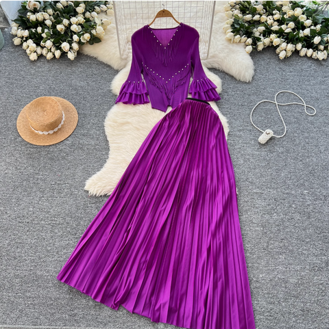 Niche Beaded Top & Pleated Skirt 2Pcs