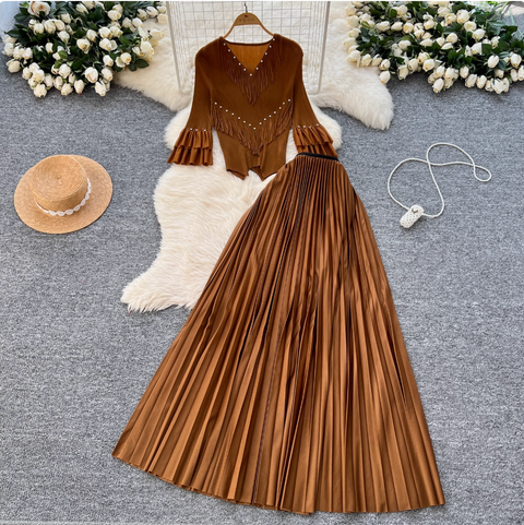 Niche Beaded Top & Pleated Skirt 2Pcs