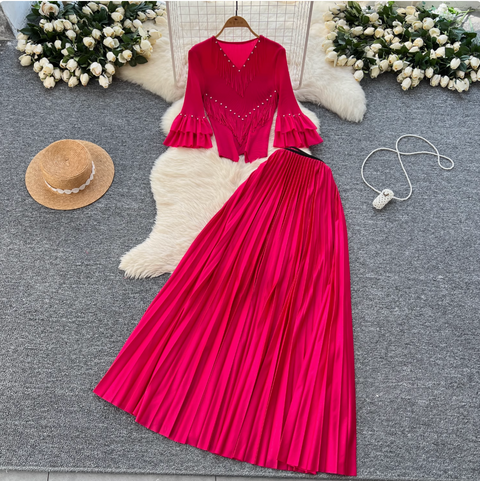Niche Beaded Top & Pleated Skirt 2Pcs