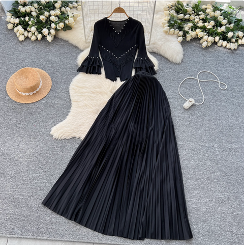 Niche Beaded Top & Pleated Skirt 2Pcs
