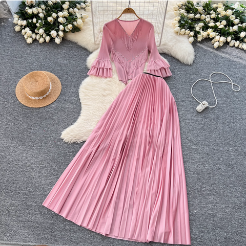 Niche Beaded Top & Pleated Skirt 2Pcs