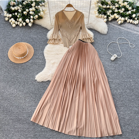 Niche Beaded Top & Pleated Skirt 2Pcs