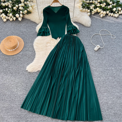 Niche Beaded Top & Pleated Skirt 2Pcs