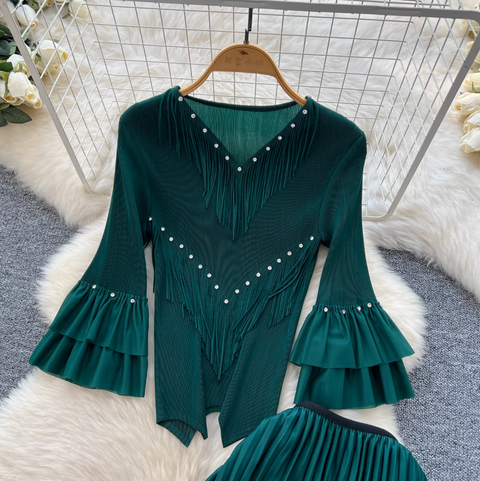 Niche Beaded Top & Pleated Skirt 2Pcs