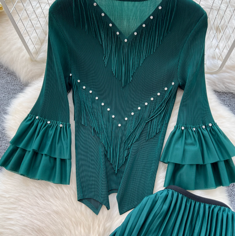Niche Beaded Top & Pleated Skirt 2Pcs