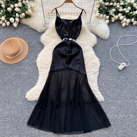 Elegant Satin Mesh Patchwork Dress