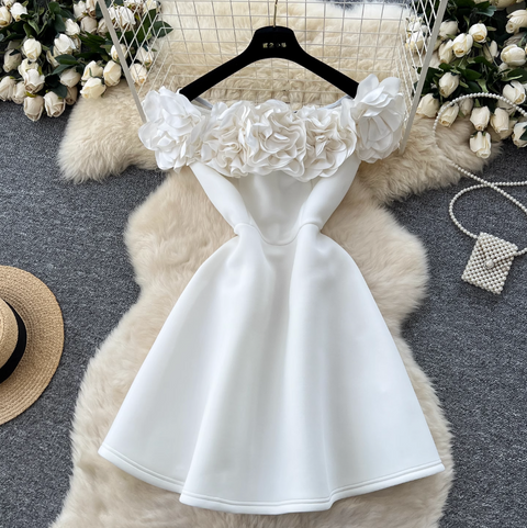 Ruffled Neckline Puffy White Dress