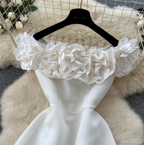 Ruffled Neckline Puffy White Dress