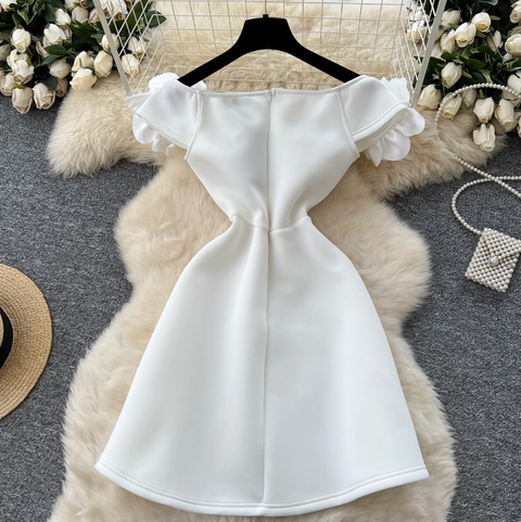 Ruffled Neckline Puffy White Dress