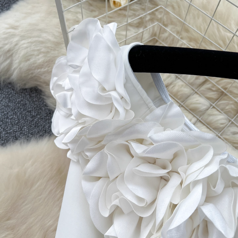 Ruffled Neckline Puffy White Dress