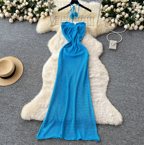 Hollowed Embroidered Blue Halter Dress